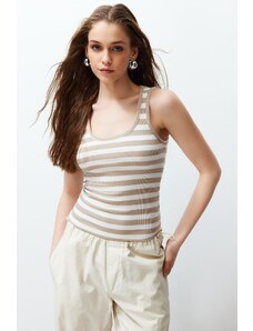 Trendyol Beige Striped Fitted Pool Neck Ribbed Flexible Knit Undershirt