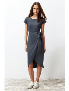 Trendyol Anthracite 100% Cotton Double Breasted Closure Belt Detailed Midi Knitted Maxi Dress