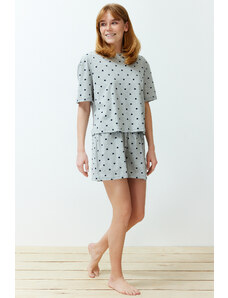 Trendyol Gray Melange 100% Cotton Heart Patterned T-shirt-Shorts Knitted Pajamas Set