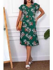 armonika Women's Dark Green Patterned V-Neck Button Down Midi Length Dress