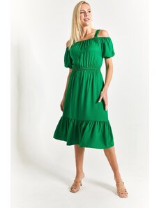 armonika Women's Dark Green Strapless Dress with Elastic Waist