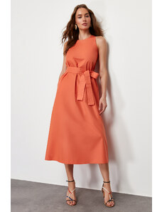 Trendyol Orange Belted 100% Cotton Poplin Pocket Midi Woven Dress