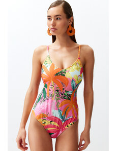 Trendyol Tropical Patterned V-Neck Low-Cut Back Regular Swimsuit