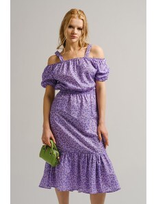 armonika Women's Lilac Patterned Elastic Waist Strap Dress
