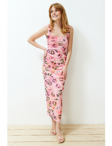 Trendyol Pink Special Textured Body Fitted Gathered Detailed Square Neck Flexible Knitted Maxi Dress