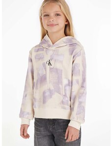 Dětská mikina Calvin Klein Jeans fialová barva, s kapucí, vzorovaná