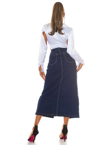 Style fashion Sexy tmavá džínová maxisukně s vysokým pasem a rozparkem