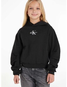 Dětská bavlněná mikina Calvin Klein Jeans černá barva, s kapucí, hladká