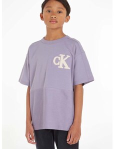 Dětské bavlněné tričko Calvin Klein Jeans fialová barva, s aplikací