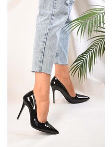 Shoeberry Women's Nakou Black Patent Leather Classic Heeled Stilettos
