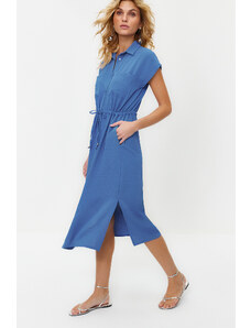 Trendyol Dark Blue Gathered Waist Pocket Detailed Aerobin Midi Woven Dress
