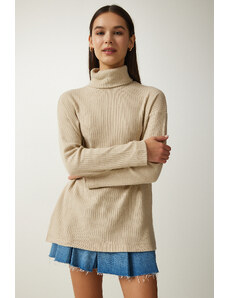 Happiness İstanbul Women's Beige Turtleneck Ribbed Oversize Knitted Blouse