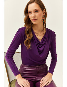 Olalook Women's Purple Waistband Pleated Turndown Collar Blouse