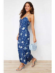 Trendyol Navy Blue Floral A-Line/A-Line Form Back Detail Elastic Knitted Maxi Dress