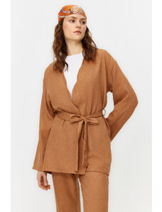 Trendyol Camel Belted Linen Look Kimono Trousers Woven Top and Bottom Set