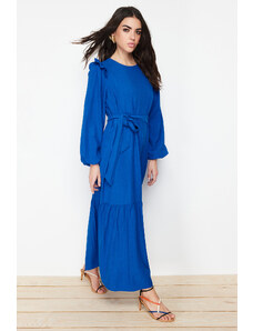 Trendyol Blue Belted Shoulder Ruffled Skirt Flounced Lined Viscose Mixed Woven Dress