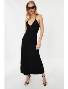 Trendyol Black Maxi Length Ribbed Halter Fitted/Sleeping Knit Dress