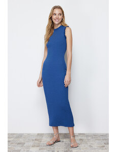 Trendyol Indigo Ruffle Detailed Ribbed Fitted Midi Smart Flexible Knitted Pencil Dress