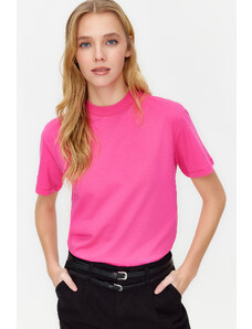 Trendyol Dark Pink 100% Cotton Basic Stand Collar Knitted T-Shirt