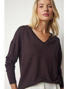 Happiness İstanbul Women's Dark Brown V Neck Knitwear Blouse