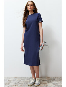 Trendyol Navy Blue Knitwear Band Detail Crew Neck Short Sleeve Stretchy Midi Knitted Maxi Dress