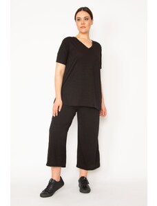 Şans Women's Black Camisole Set With Knitted Elastic Waist, Wide Legs Trousers and a V-neck Blouse Suit