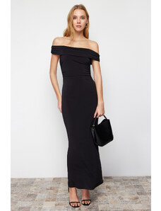 Trendyol Black Maxi Fitted Carmen Neck Stretchy Knitted Maxi Dress