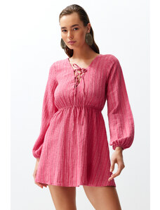 Trendyol Pink Mini Woven Tie Linen Blended Beach Dress