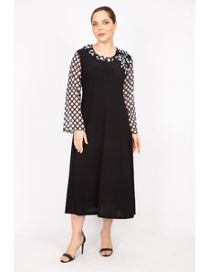 Şans Women's Black Plus Size Dress with Chiffon Collar Detailed with Sleeves