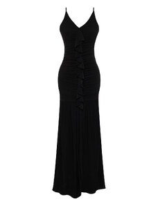 Trendyol Black Body-Sitting Ruffle Long Evening Dress