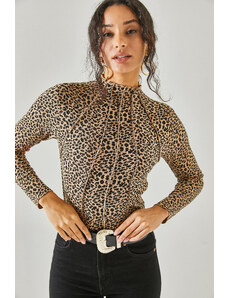 Olalook Women's Leopard Black Pieced High Neck Lycra Crop Blouse
