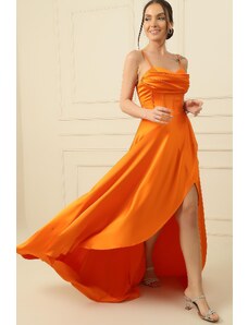 By Saygı Rope Strap Lined Underwire Long Satin Dress