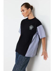 Trendyol Black Oversize/Wide Fit Poplin Detail Printed Knitted T-Shirt