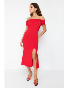 Trendyol Red Fitted Knitted Elegant Evening Dress