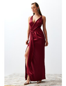 Trendyol Burgundy Satin Long Evening Dress