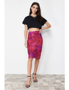 Trendyol Premium Fuchsia Printed Tulle High Waist Lined Midi Knitted Skirt