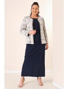 By Saygı Sleeveless Long Dress Stone Detailed Jacquard Plus Size Lined 2-Piece Suit