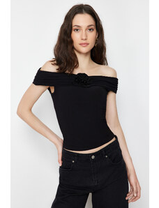 Trendyol Black Carmen Collar Rose Detailed Crop Stretchy Knitted Blouse