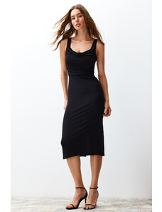 Trendyol Black Fitted Detail Collar Flexible Knitted Midi Dress