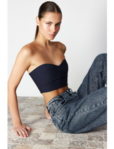 Trendyol Navy Blue Strapless Bodice Crop Woven Blouse