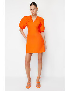 Trendyol Orange Waist Open Mini Woven Poplin V-Neck Gathered Dress