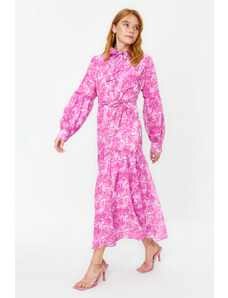 Trendyol Pink Belted Woven Lined Chiffon Floral Dress