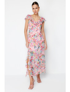 Trendyol Pink Floral Ruffle Chiffon Lined Maxi Woven Dress