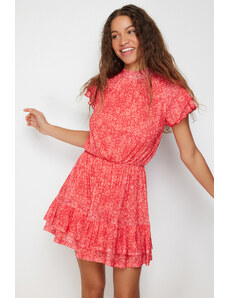 Trendyol Red Special Textured Skirt Frilly Short Sleeve High Neck Flexible Knitted Mini Dress