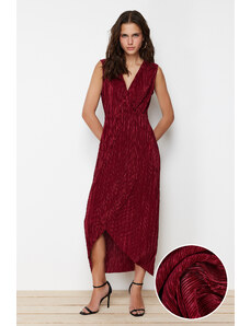 Trendyol Burgundy Pleat Regular/Normal Fit Double Breasted Neck Knitted Maxi Dress