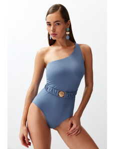 Trendyol Blue Belted Single Shoulder Regular Swimsuit with Accessories