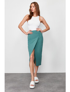Trendyol Green Linen Look Buckle Detailed Double Breasted Closure Midi Woven Skirt