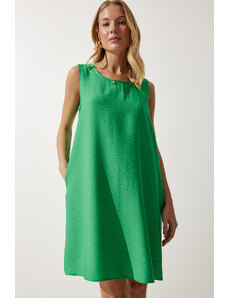 Happiness İstanbul Women's Dark Green Sleeveless Linen Viscose A-Line Dress
