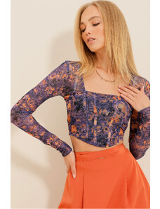 Trend Alaçatı Stili Women's Purple Square Neck Stitch Detail Patterned Crop Tulle Blouse