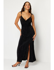 Trendyol Black Belted Waist Opening/Skater Knitted Lined Pleated Elegant Evening Dress